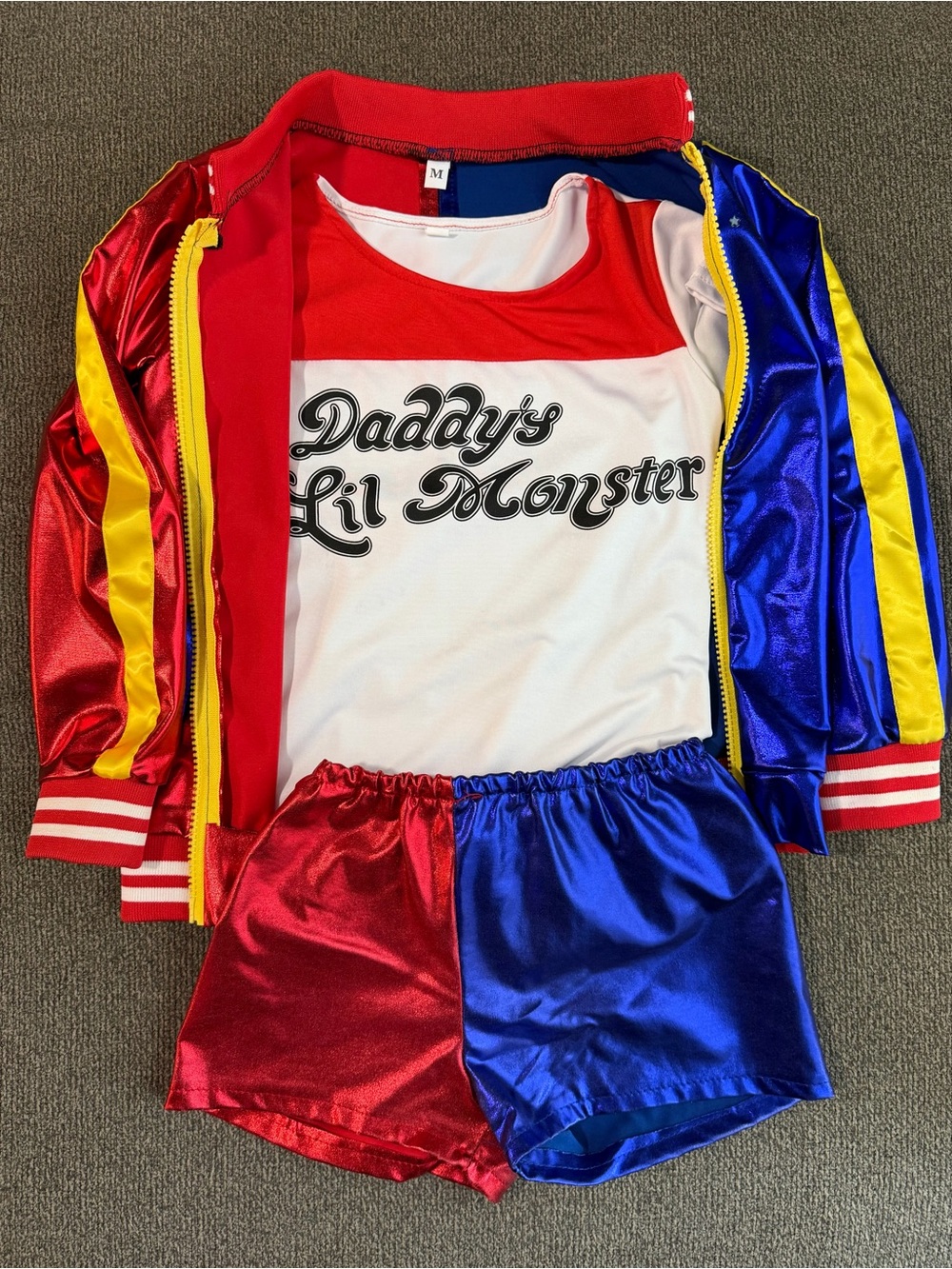 Harley Quinn Inspired 3-Piece Costume Set | Jacket, Top & Shorts | Size M